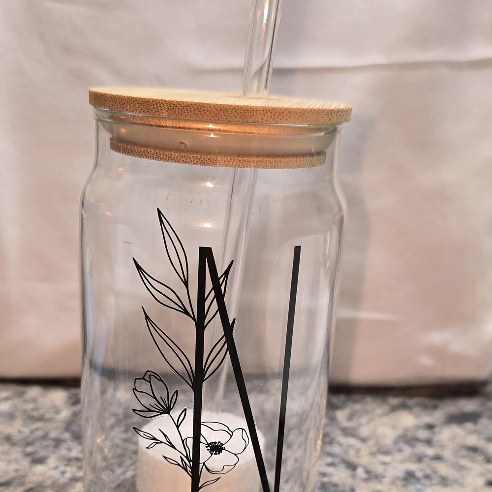 Expressions Clear Glass Mug with Black Floral Design